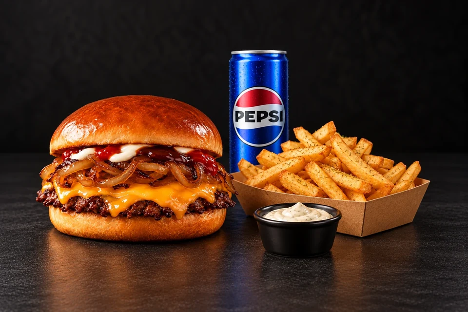 Seven7-burgarmeny med pommes, dipp och 33 cl dryck